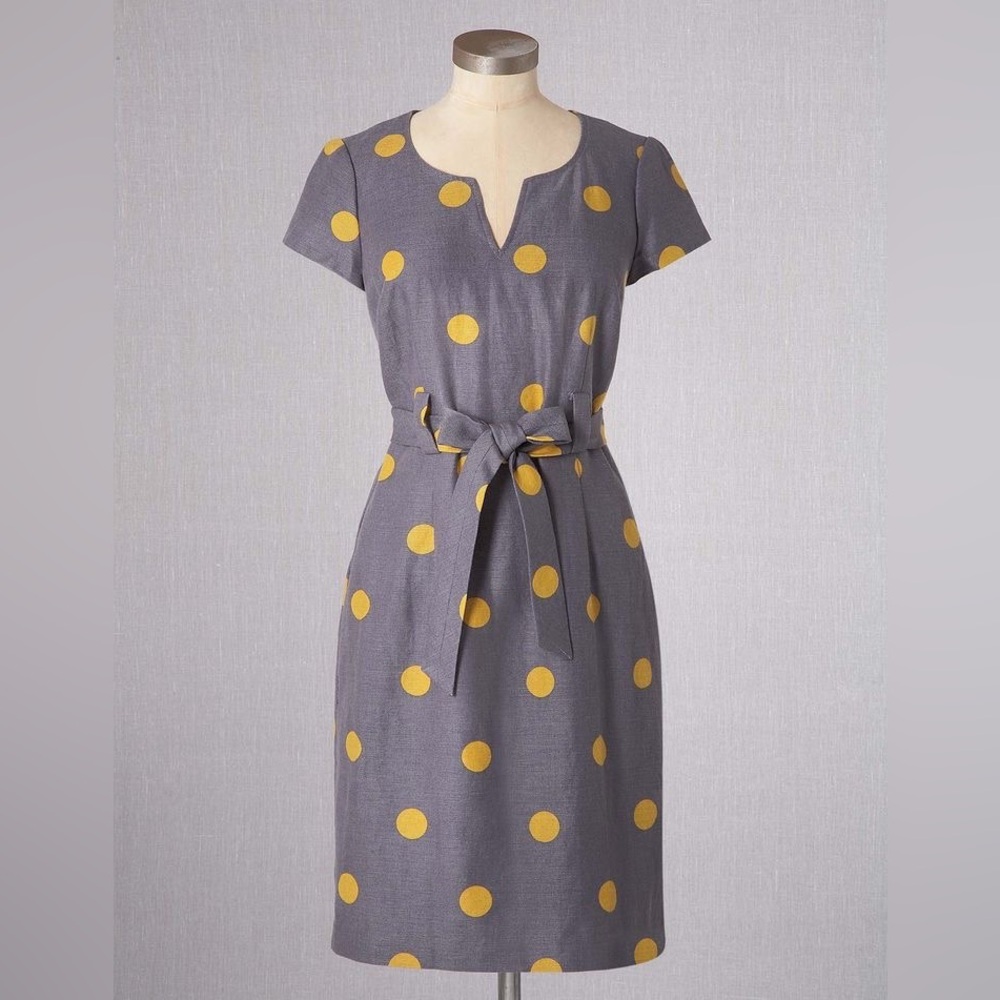 Boden Gray Midi Dress with Yellow Polka Dots and Belt - Picture 2 of 11